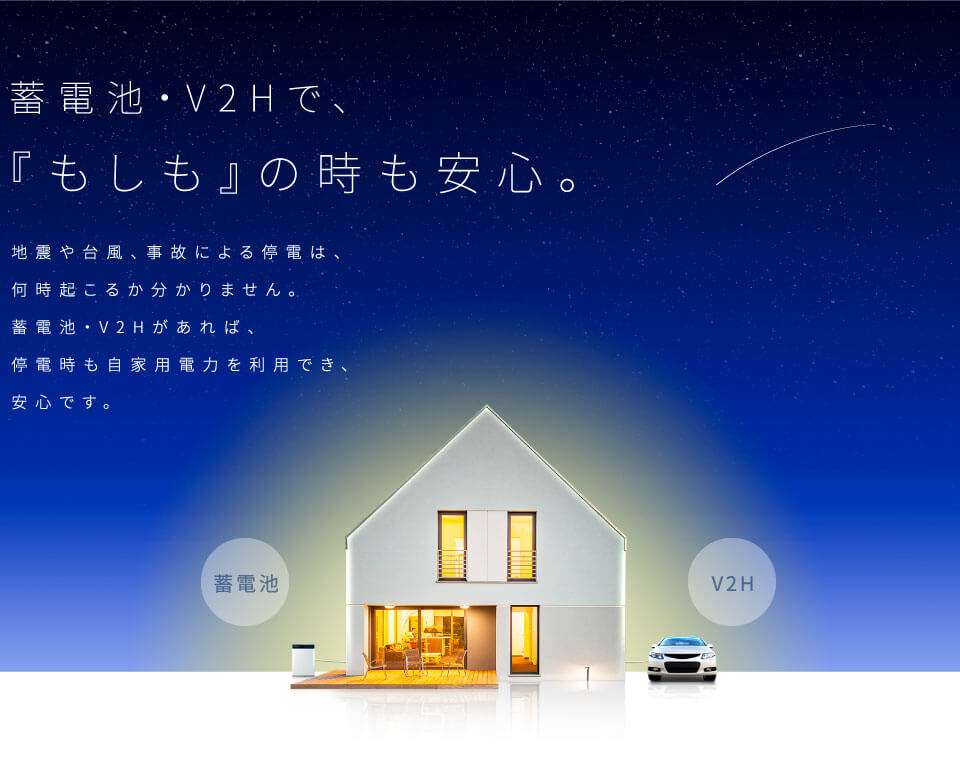 蓄電池・V2Hで、『もしも』の時も安心。地震や台風、事故による停電は、何時起こるか分かりません。蓄電池・V2Hがあれば、停電時も自家用電力を利用でき、安心です。